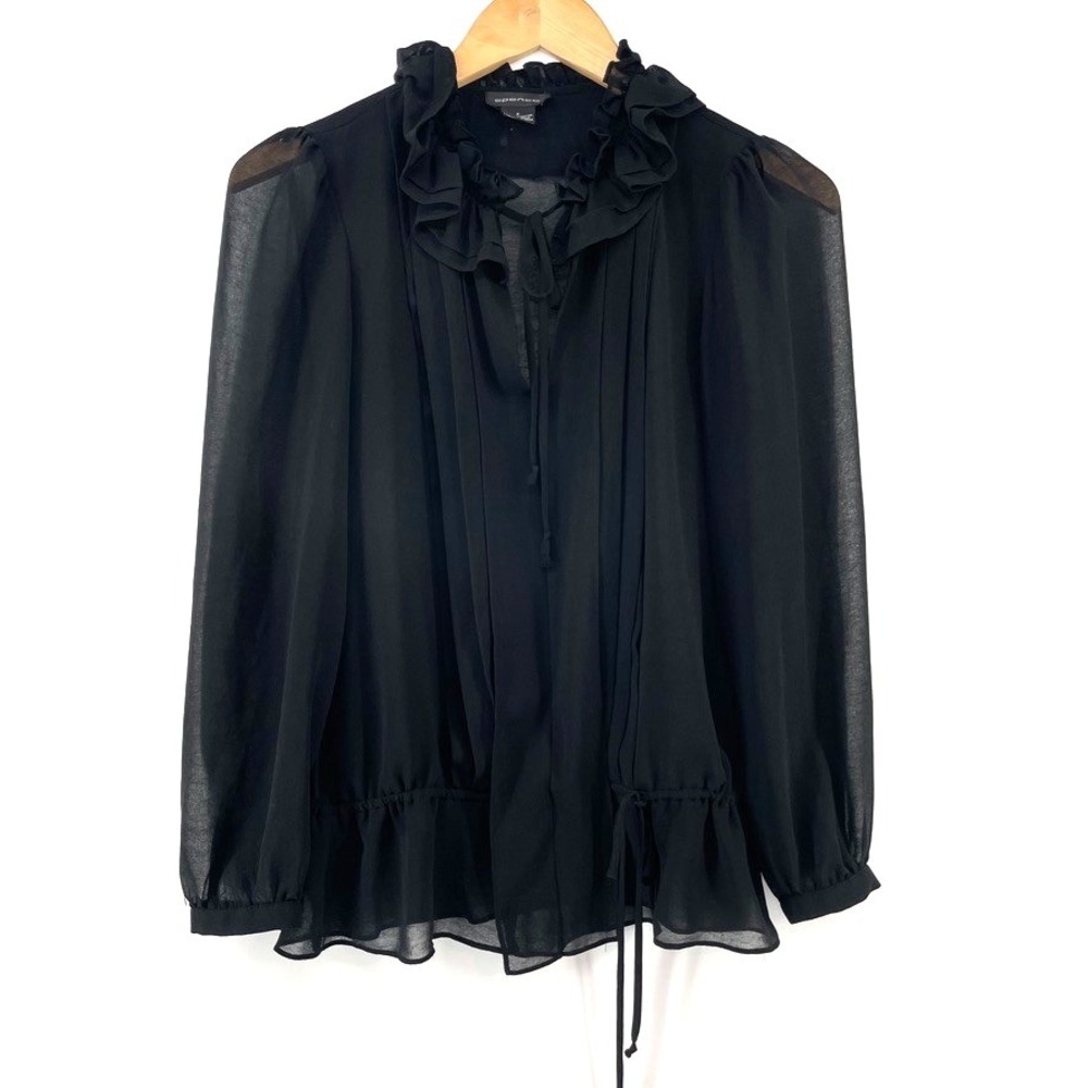 Vintage Sheer Top S Ruffle Tie Neck Victorian Gothic Dark Romantic Whimsigoth